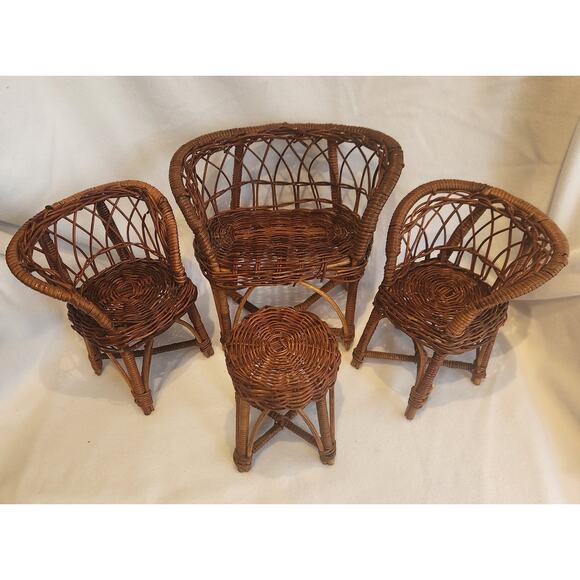 Vtg Wicker Rattan Doll Miniature Furniture 8 Pieces 2 Chairs 2 Tables2 Loveseats - Picture 1 of 10